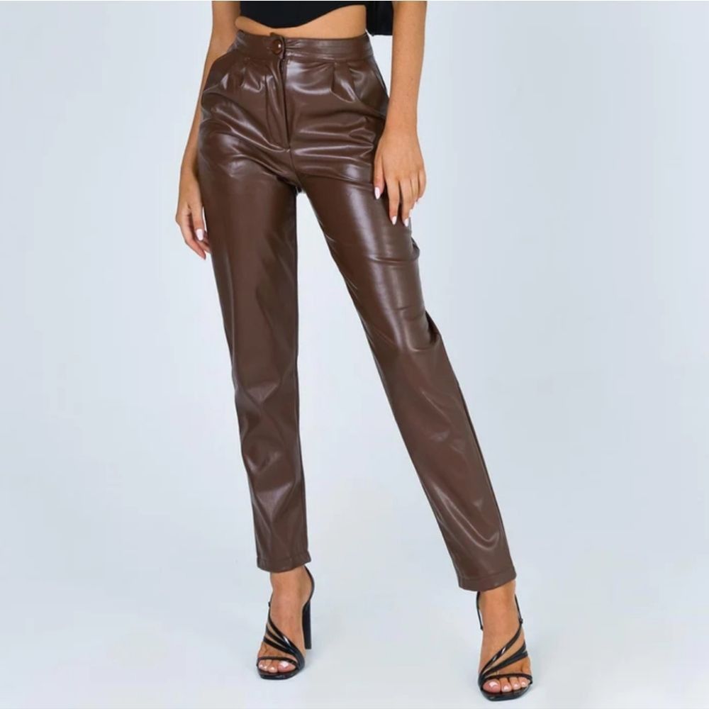 Princess Polly Love Club Faux Leather Neutral High Rise Straight Leg Pant Size 8